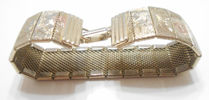 2239 Vintage 1970s Gold Tone Embossed Pink Floral Print Mesh Bracelet--Possibly Unsigned Sarah Coventry