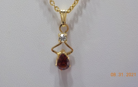 Vintage Burnt Red Rhinestone Pendant Necklace--18… - image 1