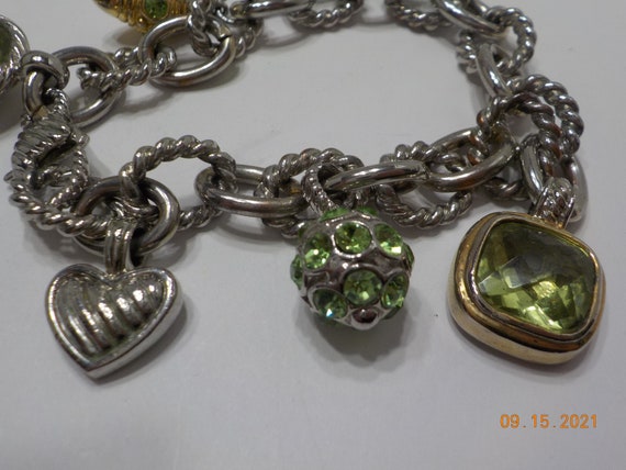 Vintage Silver Tone & Lime Green Charm Bracelet (… - image 4