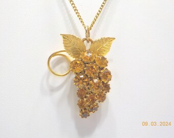Vintage Orange Rhinestone Grape Cluster Pendant Necklace (1586) Repaired--16" Chain