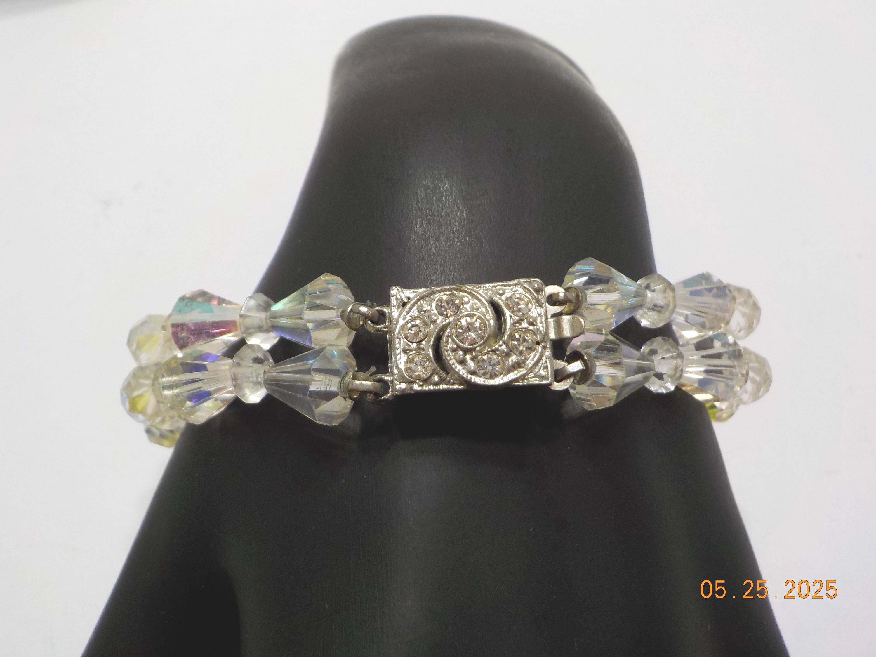 Vintage 1960s AB Crystal Beaded Bracelet, Double Strand, Iridescent Austrian, 7\