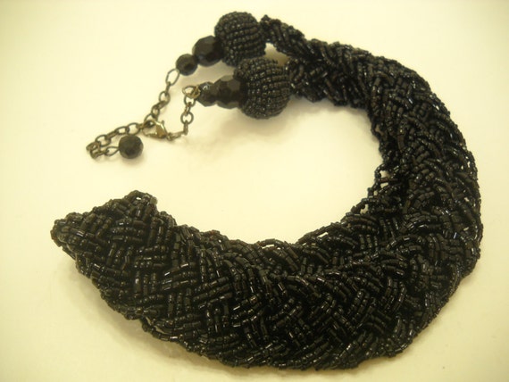 Vintage Braided Black Beaded Necklace (6229) - image 5