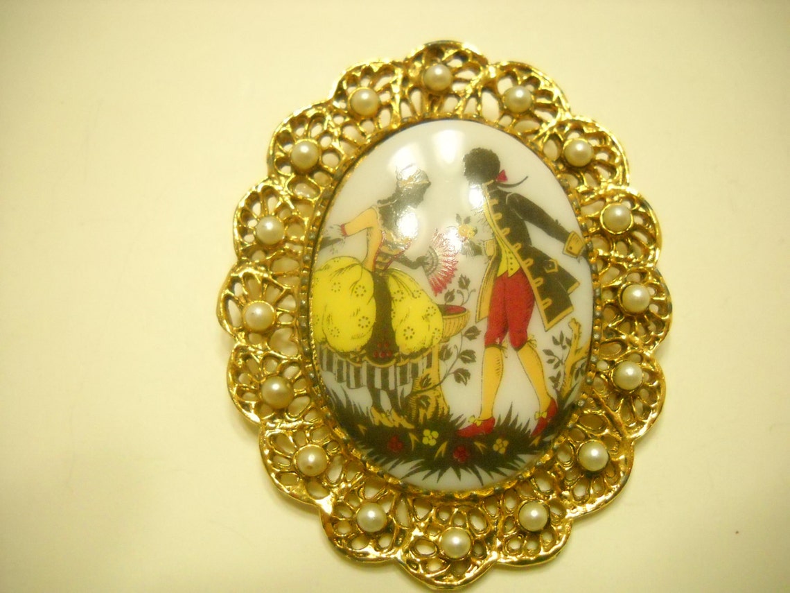 Vintage Milk Glass Brooch Rococo Scene Adorned With Faux Etsy