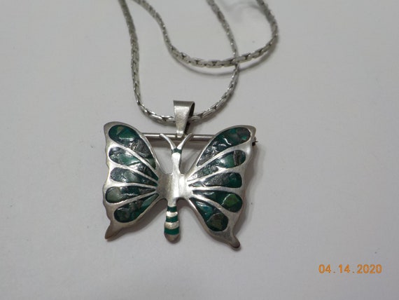 Vintage Sterling & Chrysocolla Butterfly Pendant … - image 2