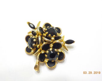 Classic Vintage Black Floral Brooch (9159) Clear Rhinestones