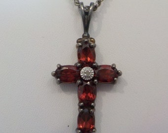 Vintage Sterling & Dark Red Crystal Cross Pendant Necklace (3544) Gorgeous!!