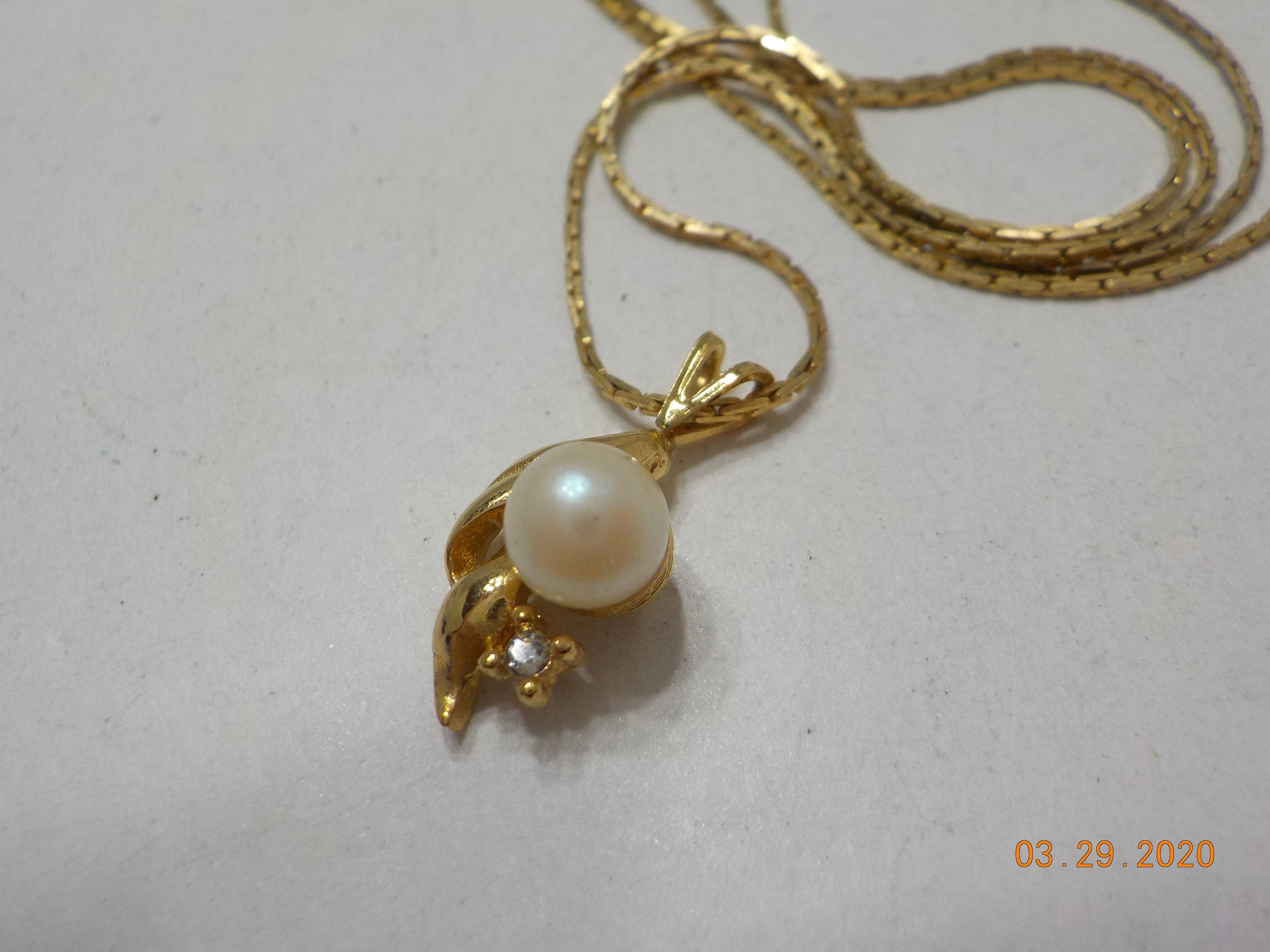 Vintage 6mm Pearl Pendant Necklace (432) Tiny Rhinestone - Etsy