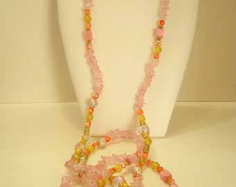 Vintage 60" Multi-Beaded Necklace (9044**) Pink Crystals, Aurora Borealis Crystals, Silver Tone Beads