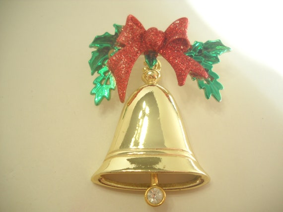 Vintage Large Christmas Bell Brooch (6017) Red Gl… - image 1