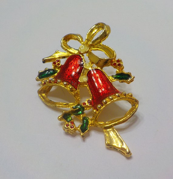 Vintage Red Enamel Christmas Bells Brooch (2699) - image 1