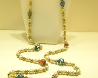 Vintage Faux Pearl And Art Glass Beaded Necklace (7573) 50" Long