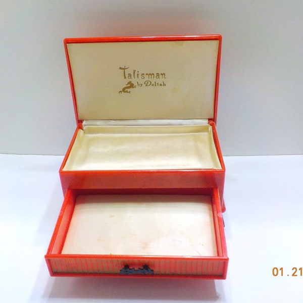 Vintage Talisman By Deltah, Red Celluloid Asian Jewelry Box (16-D) Rare Red & Black Jewelry Box