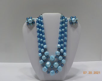 Vintage Blue Plastic Beaded Choker Necklace (1898) Triple Strands & Clip Earrings