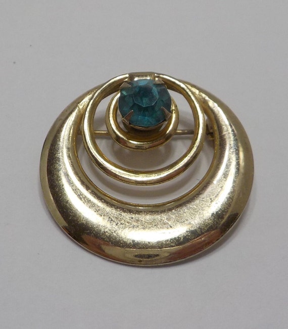 Vintage Gold Tone Brooch (4717) Blue Topaz Rhines… - image 1