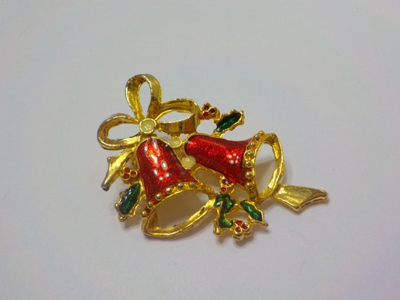 Vintage Red Enamel Christmas Bells Brooch (2699) - image 2