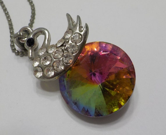 Vintage Rainbow Pendant Necklace (3559) Rhineston… - image 3