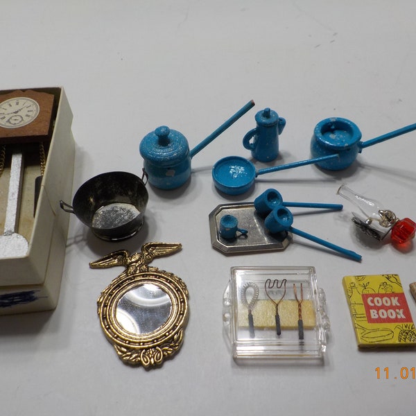 Vintage Miniature Pendulum Clock, Kitchen Utensils (12) Mirror, Plastic Lamp, Etal