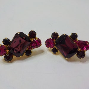 Vintage Faceted Crystals Clip Earrings (3588) Gorgeous Amethsyt & Pink Topaz