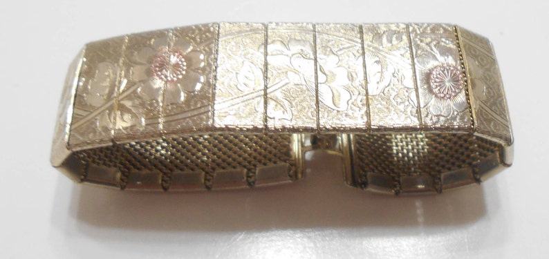 2239 Vintage 1970s Gold Tone Embossed Pink Floral Print Mesh Bracelet--Possibly Unsigned Sarah Coventry