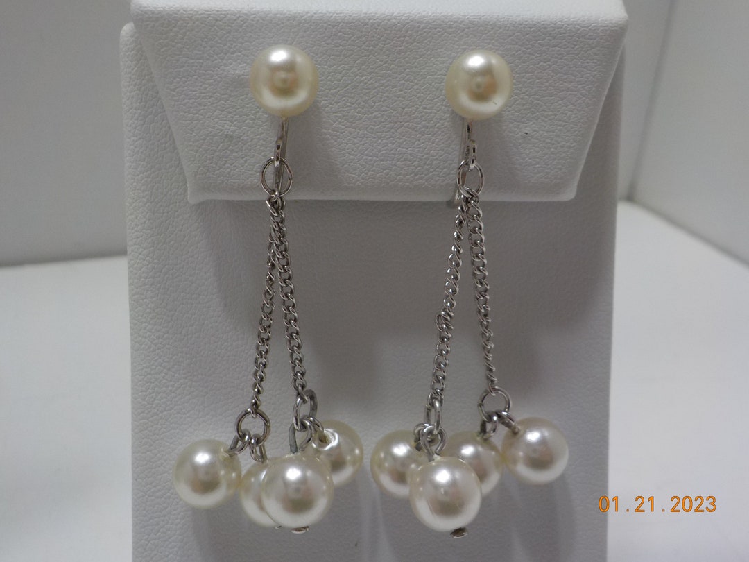 Vintage Silver Tone Pearl Showers Clip Earrings 7537 Sarah Etsy