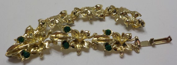 Vintage Green Rhinestone & Tiny Faux Pearl Bracel… - image 5