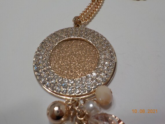 Vintage Goldstone & Rhinestone Pendant With Tasse… - image 1