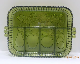 Vintage Olive Green Indiana Glass Divided Relish Tray With Handles
