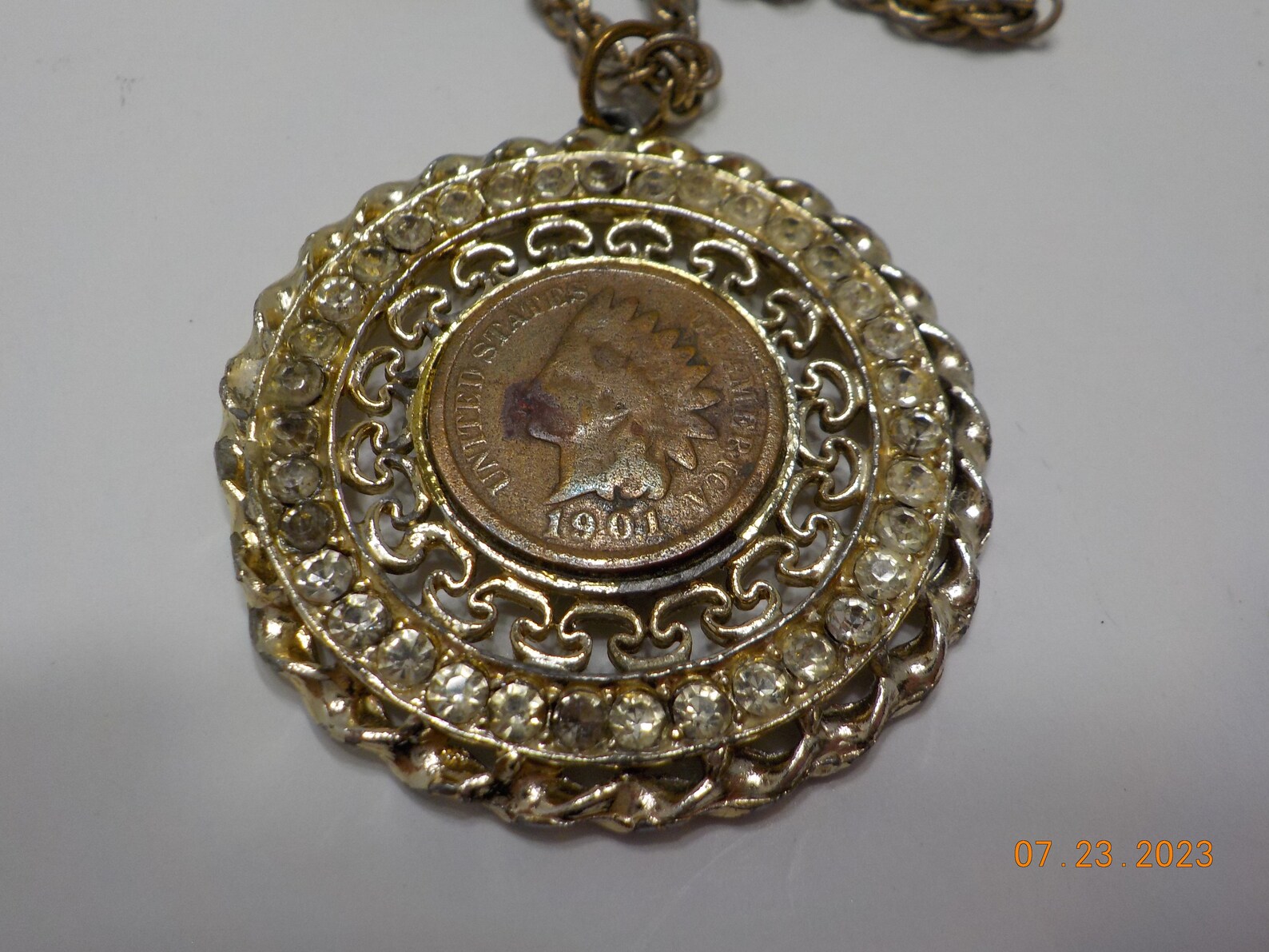 91 - Sterling Silver Indian Head Penny Hand-Filed Frame Fixed Chain Necklace by Jason Ogg
