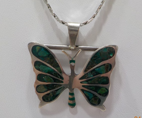 Vintage Sterling & Chrysocolla Butterfly Pendant … - image 1