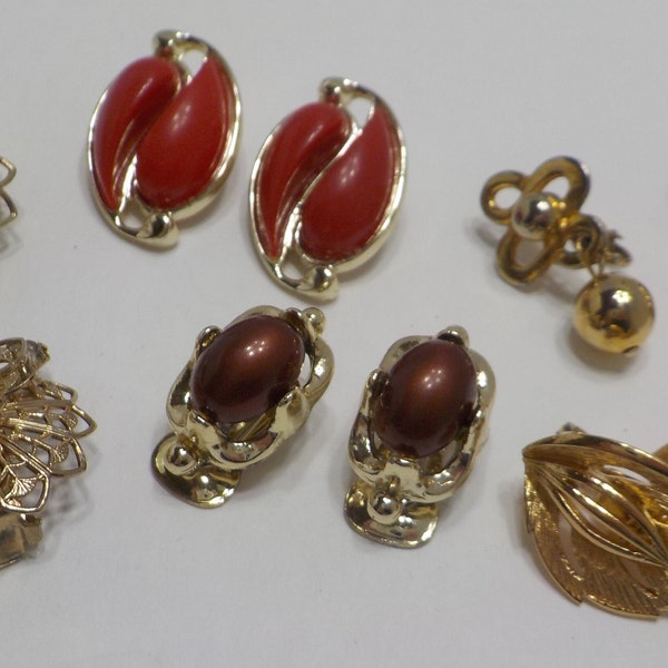 Vintage Lot Five Pairs Clip On Earrings (6772) Rhinestones, Red Plastic, Gold Tone Metal & Monet Leaf Earrings