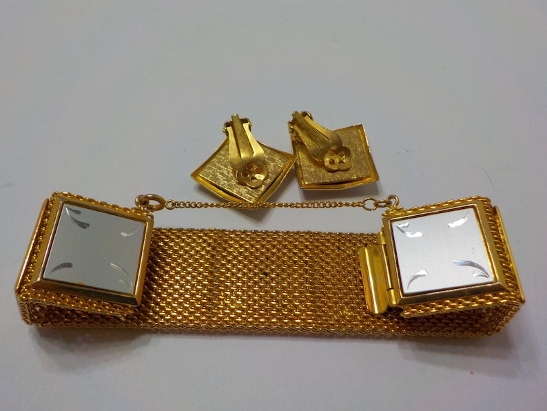 Vintage Etched Panels And Mesh Bracelet Demi Parure 2872 Clip Earrings