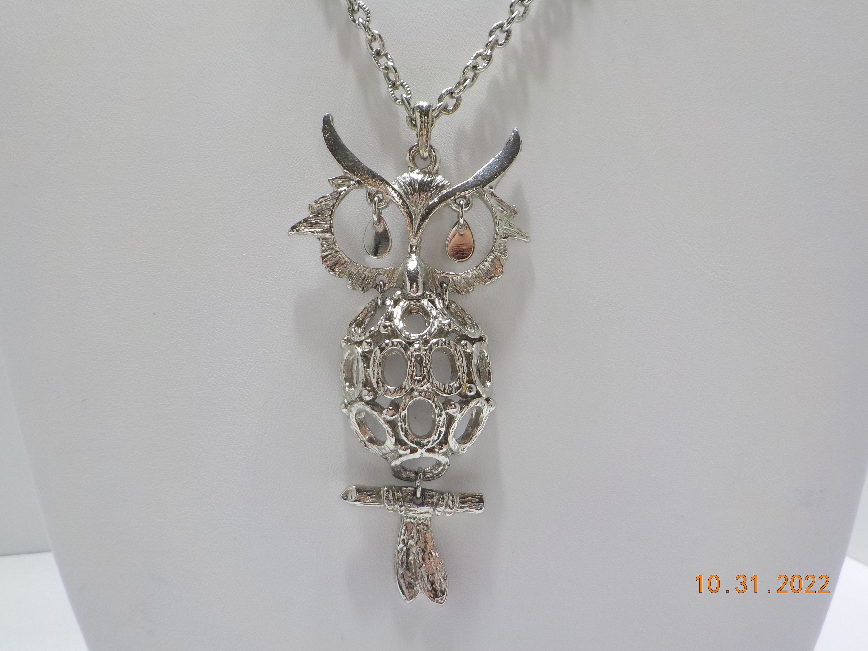Vintage Silver Tone Hinged Owl Pendant Necklace (5727) Double 20" & 24" Chains