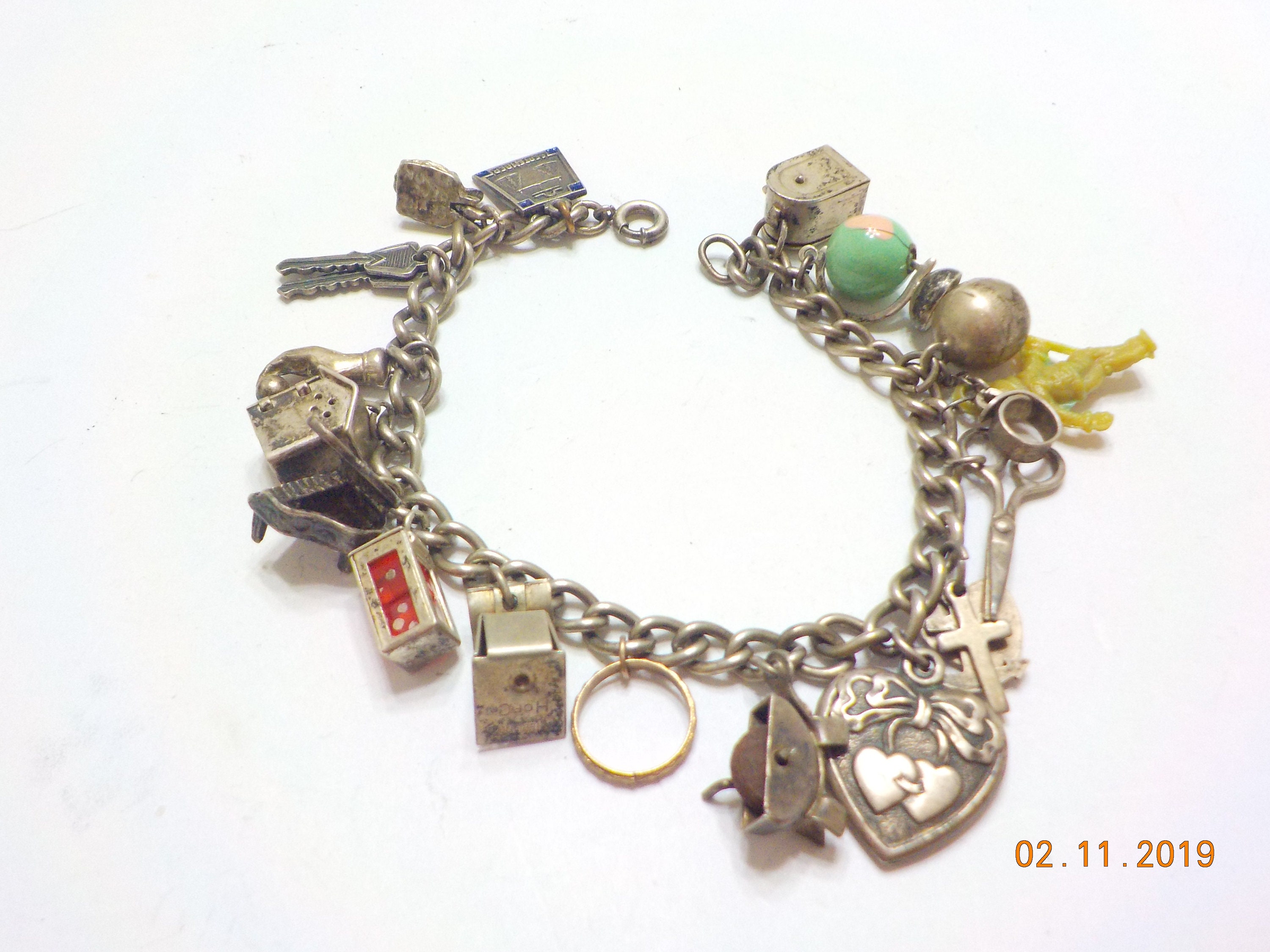 Early Chain Link Silver Plated Charm Bracelet with 24 Charms 1930s + (item  #1373202)