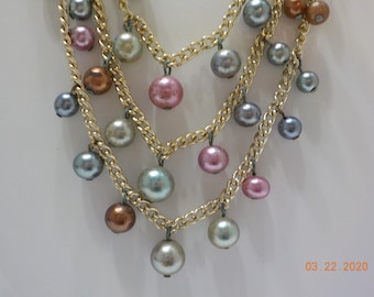 Vintage Triple Strands Multi Colored Faux Pearl Necklace (8703) Graduating Strands