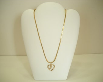 Vintage Gold Tone Heart Pendant Necklace (8270) Rhinestone