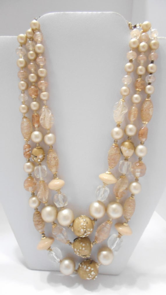 Vintage Triple Strands Faux Pearls & Crystal Neckl