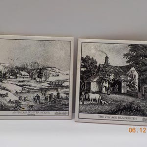 Vintage Currier & Ives Tiles (1) The Village Blacksmith, And; American Winter Scene--Morning--Wall Hanging Tiles