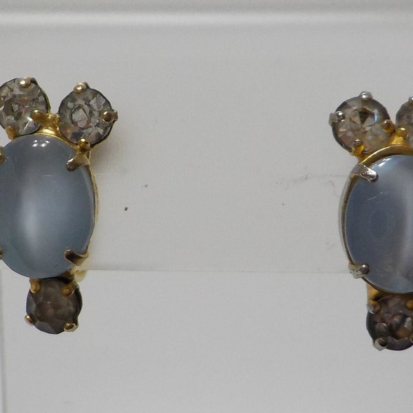Vintage Blue Moonstone & Rhinestones Earrings (9975) Screw Back Earrings