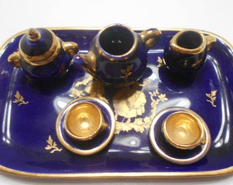 Vintage Porcelaine D'Art Limoges Miniature Tea Set (7002) Cobalt Blue W/Gold Trim, Renaissance Era