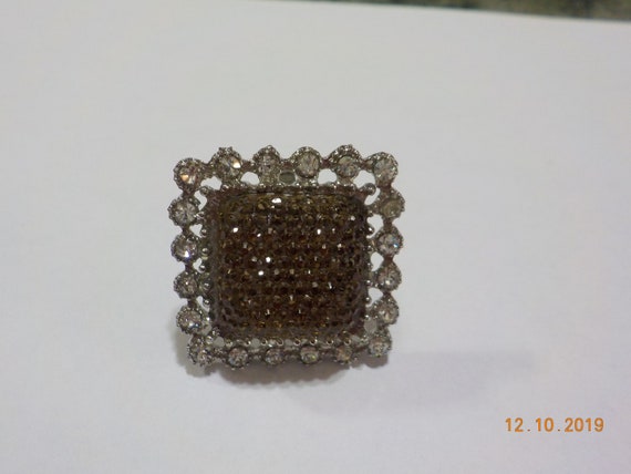 Bright Amber Lucite & Clear Rhinestone Cocktail Ri