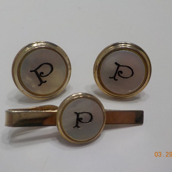 Vintage Cuff Links & Tie Clip Set (9085) Mother of Pearl--Initial "P"