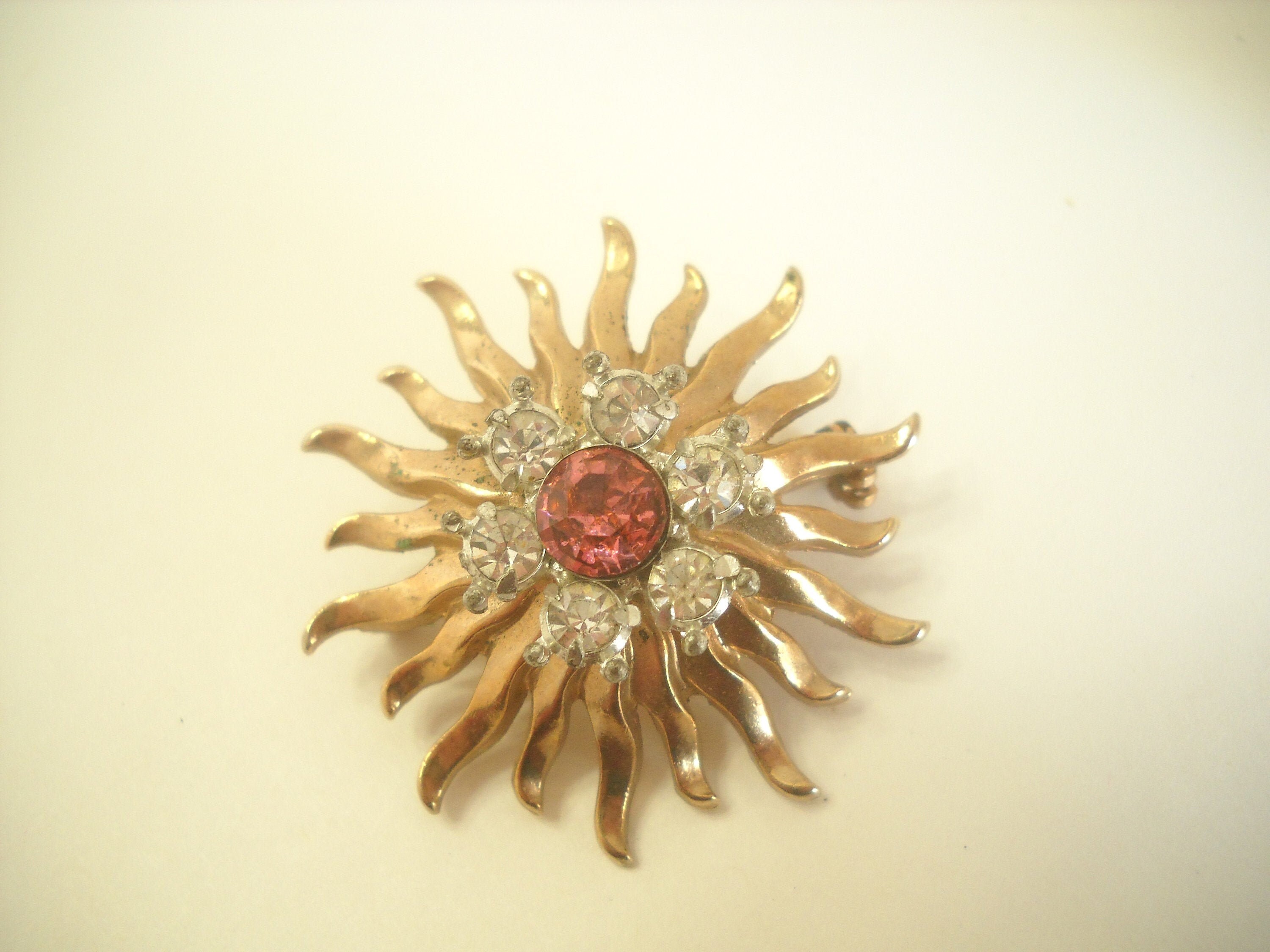 Vintage Gold Tone Sunburst Brooch 6077 Rhinestones Etsy Canada