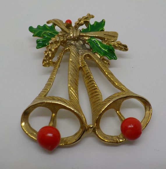 Vintage Double Gold Tone Christmas Bells Brooch (… - image 2