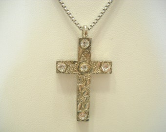 Vintage Silver Tone Sparkly Rhinestone Cross Pendant Necklace (5644) Sterling Chain