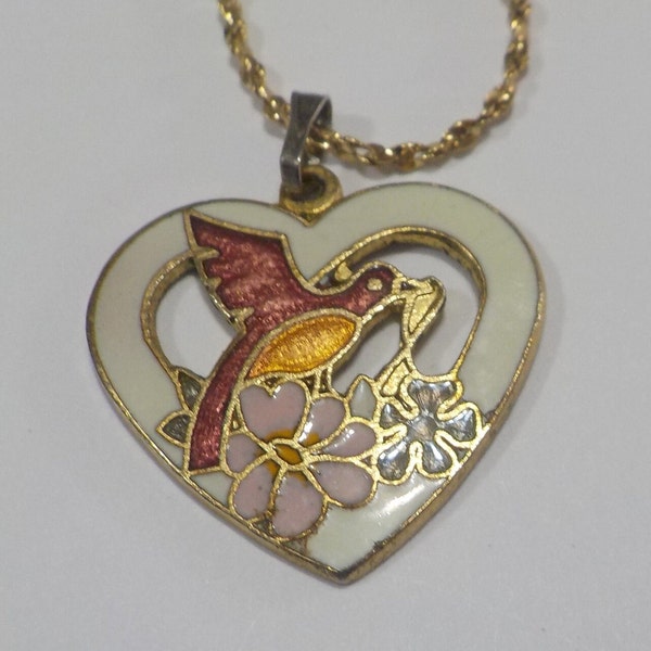 Vintage Cloisonne Heart Pendant (5130) 22KGL 30" Rope Chain