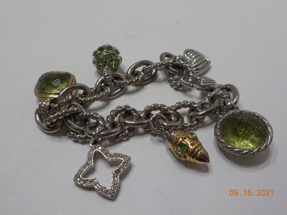 Vintage Silver Tone & Lime Green Charm Bracelet (… - image 1