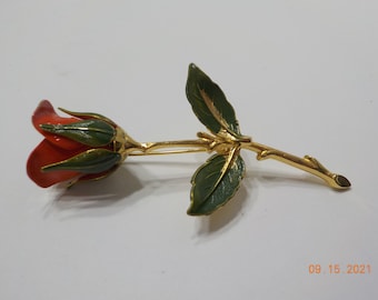 Vintage Gold Tone & Enamel Red Rose Brooch (4629) Pretty!