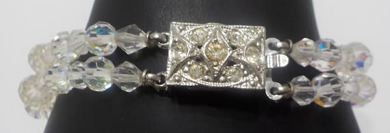 Vintage 1960s AB Crystal Beaded Bracelet, Double Strand, Iridescent Austrian, 7\