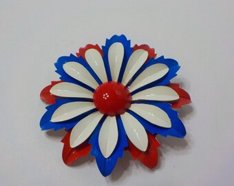 Vintage Patriotic Enamel Flower Brooch (3265) Red, White, & Blue