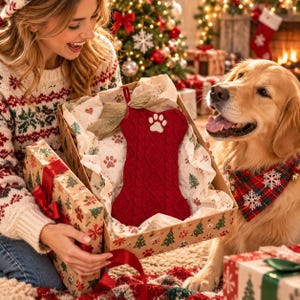 Peut inclure: Une chaussette de Noël pour animal en tricot torsadé rouge en forme d'os, ornée d'une empreinte de patte blanche et d'un nœud en toile de jute. Elle est placée dans une boîte cadeau doublée de papier de soie à motifs de pattes.